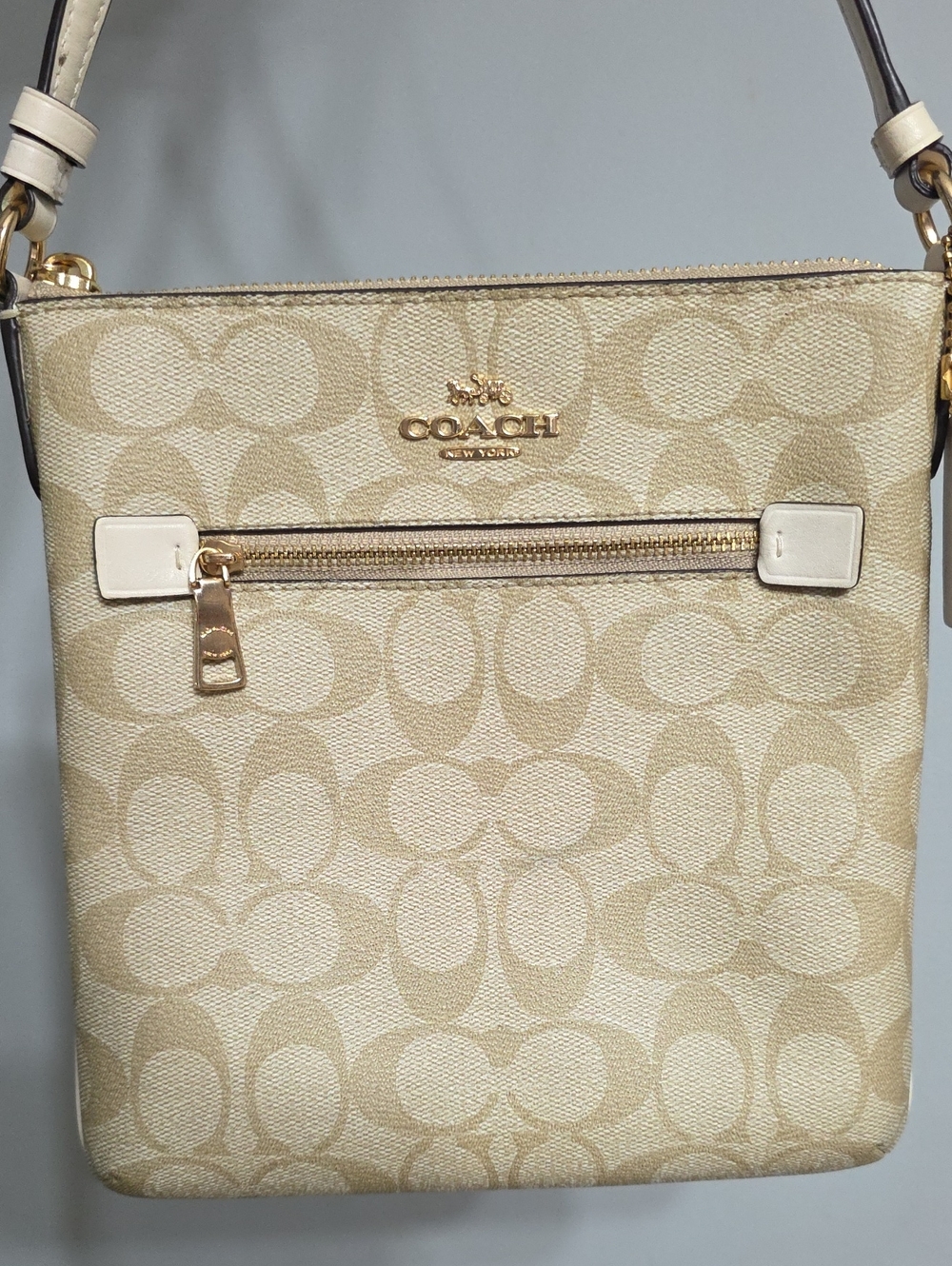 Coach Beige Signature Canvas Crossbody with Gold Accent